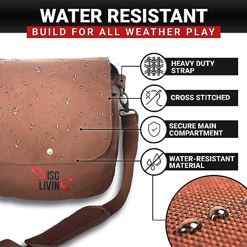 Disc Living Disc Golf Bag | Frisbee Golf Bag | Easy to Carry | Lightweight Fits Up to 10 Discs | 16 oz Waxed Canvas Sturdy Design | Belt Loop | Double Button Design | Bottle Holder (Brown)