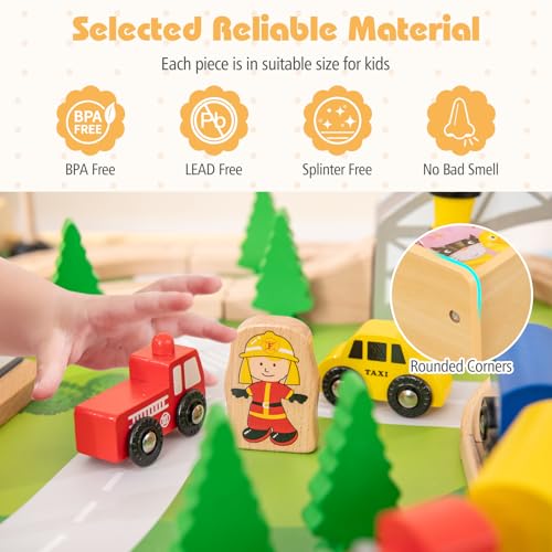 costzon train table 5 in 1 kids activity wooden set w 78 pieces railway playset reversible map top blackboard building bricks station amp large storage space toddler sensory table for 3 years