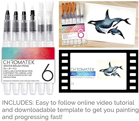 Water Brush Pens by Chromatek. Online Video Tutorial and Downloadable Picture Template. Set of 6 Aqua Pens, Watercolor Brush Pen Painting Brushes. For All Water Soluble Pigment and Watercolor Paints.