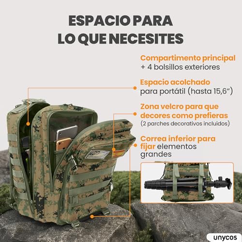 Miniatura 4 de Unycos - Mochila Táctica Militar 45l Sistema Molle, Tela Oxford 900d Resistente, Bolsillos Para 3 Días De Emergencias, Senderismo, Viaje, Crossfit, Gimnasio, Actividades Al Aire Libre Camuflaje 2