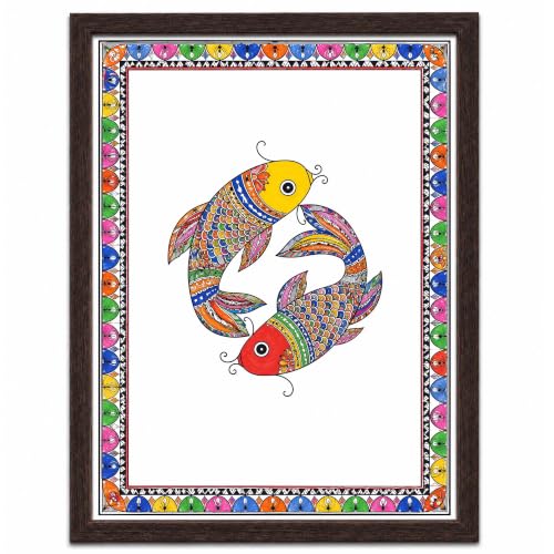Image of PAPER PAJAMA Koi Moi Fish Pair Wall Art for Living Room | Madhubani Fish Painting | Traditional Mithila Folk Art Aquatic Artwork Framed Decor for Home, Office & Bedroom (10x13 Inches)