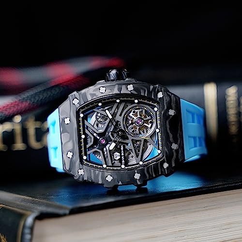 Image of TSAR BOMBA Men's Automatic Watch Tonneau Luxury Skeleton Watches for Men Mechanical 50M Waterproof Analogue Watches Mens Unique Cool Square Big Face Dial Wristwatch with Silicone Strap Band