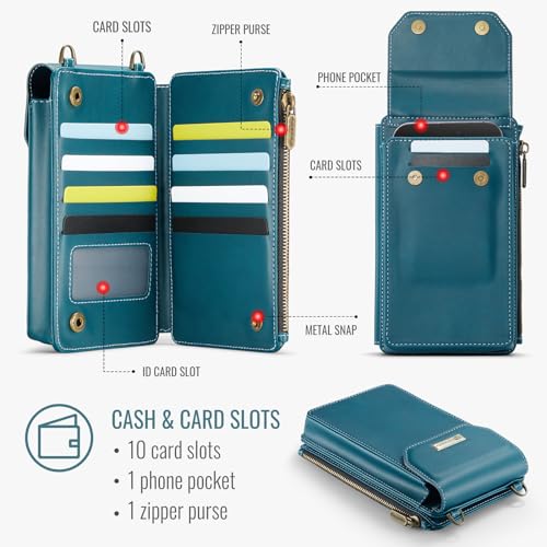 Small Crossbody Phone Purse with Shoulder Strap + Wristlet, RFID Blocking Cell Phone Holder Wallet Handbag, Built-in 10 Card Slots + Zip Pocket, Teal Green2