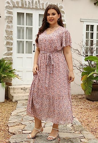 Image of Nemidor Plus Size Women Casual Maxi Dresses Print Bobo Belted Layered Chiffon Summer Long Dress with Ruffle Sleeve