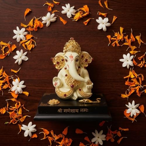 Image of Ganesha Idol for Home Decor | 4 Inch Golden Ganpati Murti with Stone Work | Resin Ganesh Ji Idol for Car Dashboard, Office Desk & Pooja Room | Vastu Decorative Statue (172g)
