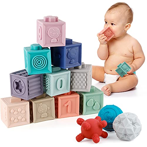 Image of Baby Blocks 15PCS with Toddlers Sensory Balls-Soft Stacking Blocks Colorful Sensory Toys for Babies 6-12 Months and up Educational Developing Infants Teething Toys with Numbers Animals Shapes