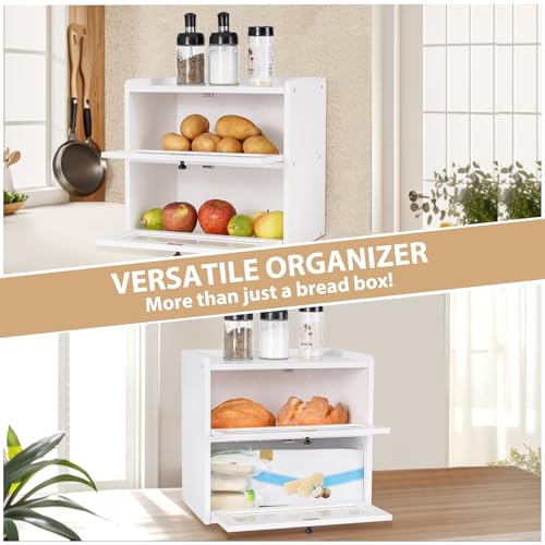 Sunhoo Bread Box for Kitchen Countertop Wooden Bread Storage Container Bin 2 Layer Breadbox Holder Large Capacity Keeper Vintage Farmhouse Food Organizer Pantry Shelf Acrylic Window (White) by Sunhoo - Image 5