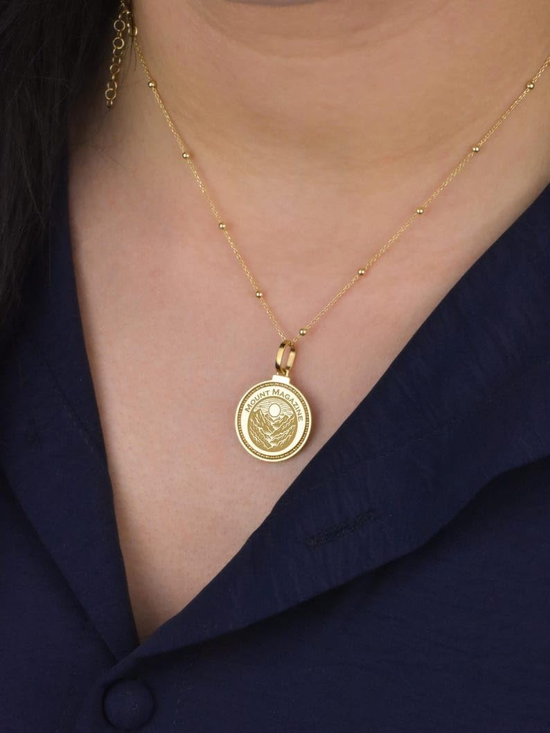 Mount Magazine Engraved Pendant Necklace - 14K Gold Plated 925 Sterling Silver Round Medallion With 18 Inch Cable Chain. 28mm Pendant for Men & Women |GH_PENK_2362 image 2