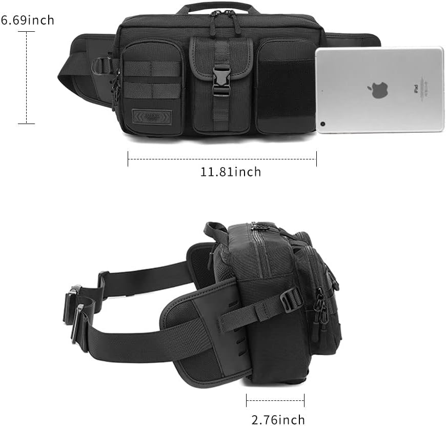 Large Fanny Pack for Men Women, Tactical Waist Pack Belt Bag Fit 7.9 Inch Tablet, Sling CrossBody Bag with Adjustable Strap for Workout Running Hiking (Black)
