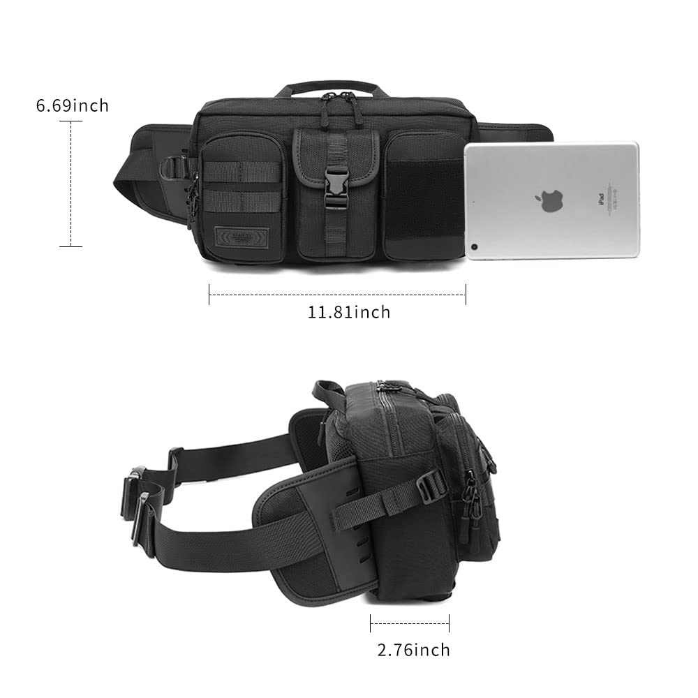 Large Fanny Pack for Men Women, Tactical Waist Pack Belt Bag Fit 7.9 Inch Tablet, Sling CrossBody Bag with Adjustable Strap for Workout Running Hiking (Black)