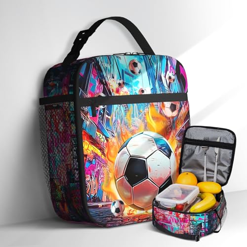 Luixdie Soccer Lunch Box for Boys Girls Cute Football Lunch Bag for Soccer Lovers Insulated Cooler Reusable Durable Sport Lunchbox for Women Men...
