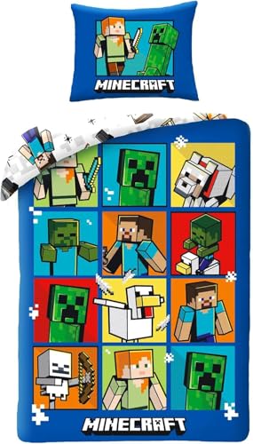 Parure de Lit Minecraft Update Bleue, Housse de Couette Réversible 140x200 cm, Taie d'oreiller 63x63 cm, avec Creeper, Steve et Alex. Textile Oeko-Tex. pour...