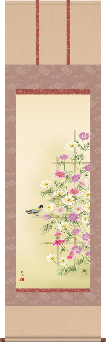 Amazon｜掛軸 掛け軸 秋桜 コスモス 浮田秋水 秋 尺五 花鳥画