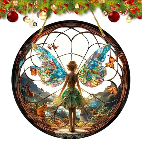 Attrape-soleil fée papillon attrape-soleil fée ronde teintée acrylique pendentif de fenêtre vintage décapé fée attrape-soleil taché fée coloré décoration de fenêtre intérieure