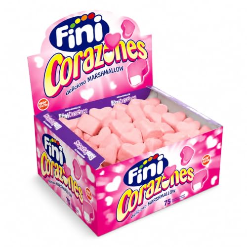 Fini Corazones Fresa Choco – Marshmallow con Sabor a Fresa y Chocolate – Caja de 75 Unidades – Nubes con Forma de Corazón Sin Gluten para Fiestas, Candy Bar y Celebraciones