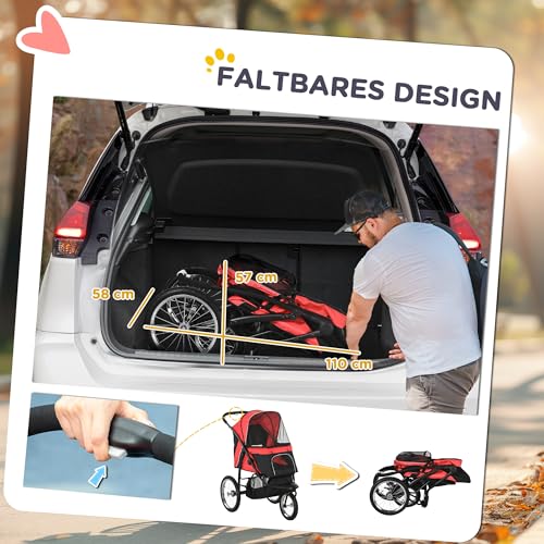 PawHut Hundewagen Hundebuggy klappbar für Hunde & Katzen bis 20 kg Katzenbuggy mit geländegängige Gummiräder Kissen Netzfenstern Türen Katzenwagen mit Aufbewahrungskorb Buggy Rot