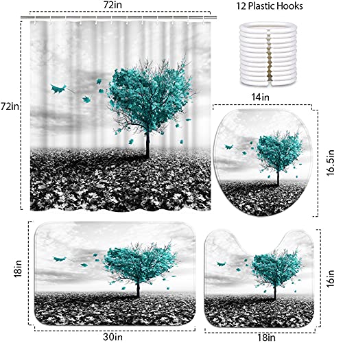 Feifanmei Teal Blue Romantic Heart Love Tree 4 Pcs Shower Curtain Sets Non-Slip Rug Toilet Lid Cover & Bath Mat Durable Waterproof Fabric 12 Hooks (72X72 Inch) #TOP3