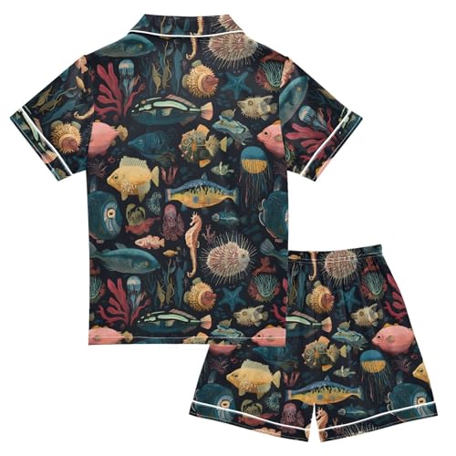 ALAZA Fish Coral Reef Seahorse Satin Pajamas Set Short Sleeve Button Down Sleepwear Summer Pjs 2 Piece2