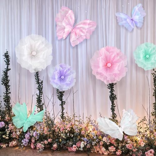 Image of Cinnvoice 8 Pcs Pastel Large Butterfly Flower Decorations 20 Inch 12 Inch 3D Giant Pastel Silk Butterfly Big Flower Mariposas Grandes para Decoracion for Wedding Backdrop Birthday Party