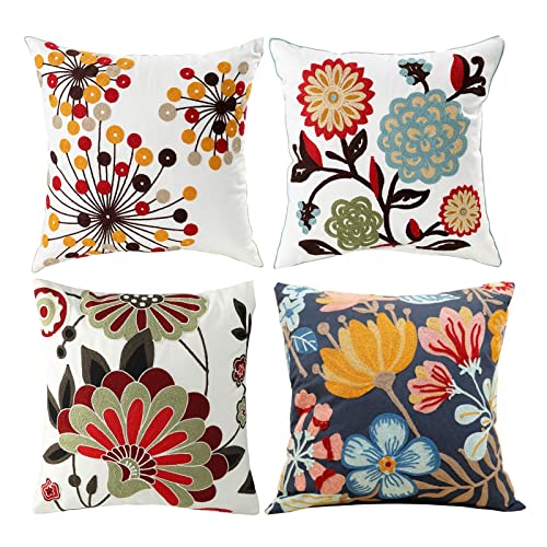 WJMSDK Juego de 4 Funda De Cojín con Bordado Floral 45X45cm Funda De Almohada Verano Primavera Flor Bordado Decorativos Fundas De Almohada para Sofá Cama Hogar Exterior,I