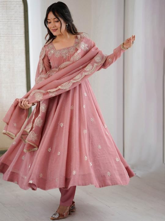 Generic Women's Silk Embroidered Anarkali Suit Set with Peach - Image 6