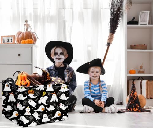 Image of Rectangular Halloween Basket for Boys and Girls Kids Trick or Treat Pumpkin Basket for Halloween Parties Cute Storage Bin Organizer Box Room Decor(Black ghost)