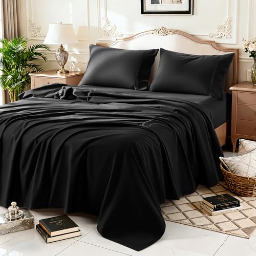 Image of 100% Egyptian Cotton Sheet Set 4 Pcs Queen Size Sheets 1000 Thread Count Breathable Soft Bedding Set Fitted Sheet with 16 inch Deep Pocket (Queen, Black)
