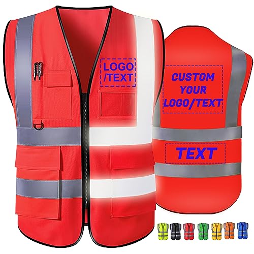 Xihedfd Custom Safety Vest Personalized High Visibility Reflective Vests with Logo Pockets Zipper for Men Women Class 2