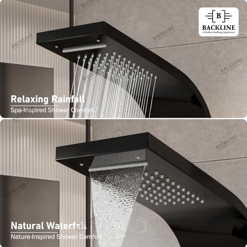 Image of Backline shower panel | 7 In 1 Shower System 304 Grade Stainless Steel | Shower With Storage Shelf, LED Rainfall Shower,Hot & Cold Adjustable,Massage Spray,Hand Shower & Water Spout