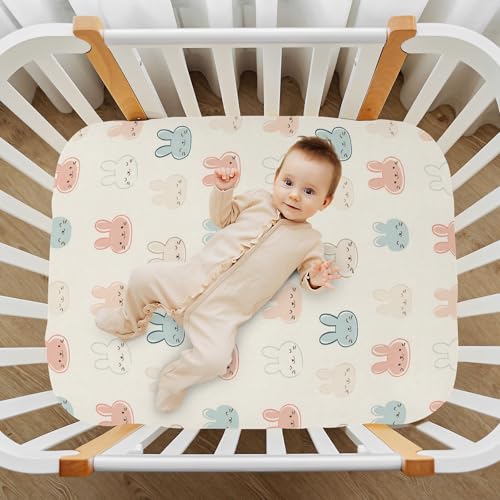 Image of Rabbit Face Pattern Crib Sheets Stretchy Portable Sheets for Baby Toddler Breathable Soft Crib Mattress Sheet for Girls Boys
