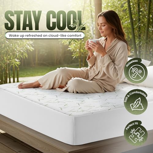 Image of Utopia Bedding Waterproof Mattress Protector Queen Size Bed, Premium 200 GSM Bamboo Viscose Cooling Mattress Cover, Soft and Breathable, Fitted Style with 17 Inches Deep Stretchable Pockets