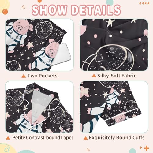senya Cartoons Astronauts Pigs Satin Summer Pajama Sets Silk Short Sleeve Button Down Sleepwear3