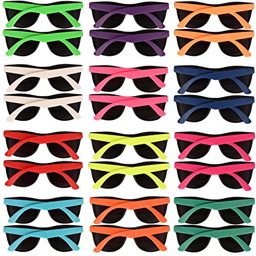 24 Pack 12 Colors Neon Party Sunglasses 80's Style With Dark Lens for Party Favors,Bulk Pool Party,Beach Party,Summer Party,Birthday Party,for Boys Girls Teens adults