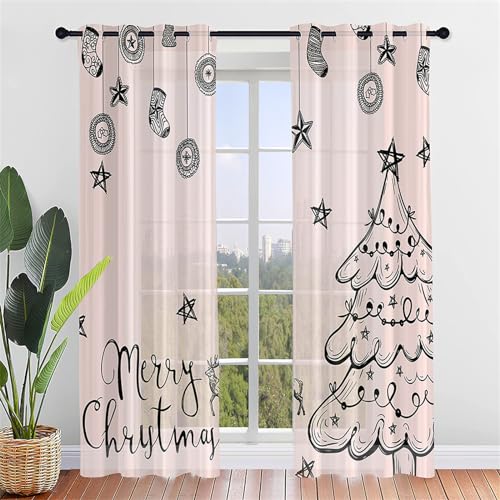 Hiseng 2 Pezzi Tende Voile Trasparente Interni Decorativi Natale Colorato Sheer Tenda per Camera da Letto Finestre Porta Cucina Soggiorno, Semi Trasparente Tende (80x115cm,Calzini Natalizi)