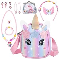 Halinuia Set di Borsa Unicorno Bambina Regalo con Borsetta Bambina, Portamonete, Princess Braccialetto Collana e Forcina Unicorno Compleanno Regalo Bambina 3-10 Anni