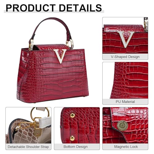 Image of Satchel Bag for Women, Crocodile Leather Purse Top Handle Purse Small Crossbody Handbag Women's Shoulder Tote Bag (Dark Red)