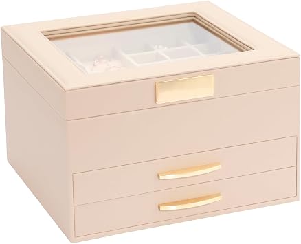 Jewelry Organizer Box, Jewelry Holder Organizer 3 Layers with 2 Drawers, Jewelry Boxes Display Earring Necklace Watch Bracelet and Rings - Glass Lid Apricot