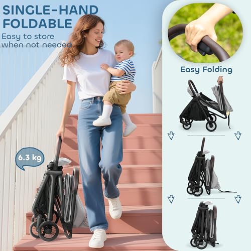 AIYAPLAY Baby Stroller, Foldable Travel Pushchair with Adjustable Seat, 5-Point Harness, Canopy, All Wheels Suspension, Storage Basket, 6.3kg Lightweight & Compact, from Birth to 3 Years, Light Grey - Image 5