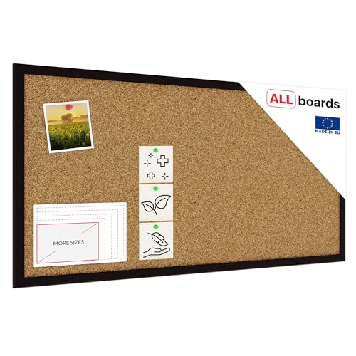ALLboards Tableau de Liège avec Cadre en Bois Noir 80x40cm, Tableau d'Affichage Multifonctionnel pour Épingles