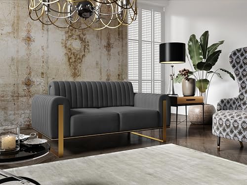 FURNISTAR Premium Pier Sofa 2-Sitzer, Glamour Design, Polstersofa mit drehbarer Rücklehne, Couch, Sofagarnitur, Wohnzimmer, goldene Metallfüße, Velour-Stoff - Dunkelgrau – Bild 3