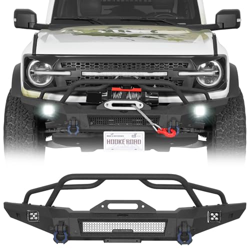Hooke Road Bronco Front Bumper for 2021-2026 Ford Bronco (Exclude Sport & Raptor), Offroad Steel Bumper with Winch Plate, LED Lights, D-rings and Tubular Grille Guard