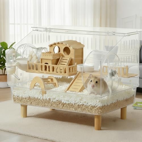 WflamaS Clear Acrylic Hamster Cage - Easy to Clean All-in-One Habitat for Dwarf Hamsters, Mice and...
