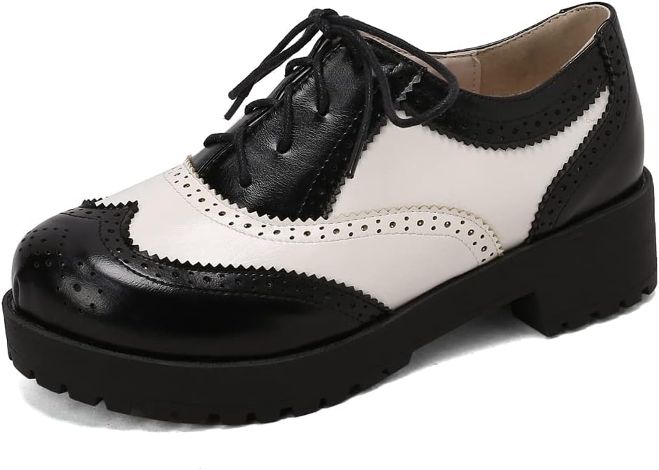Women's Two Tone Flat Oxfords Shoes Lace Up Wingtip Perforated Low Heel Vintage Saddle Oxford Brogues