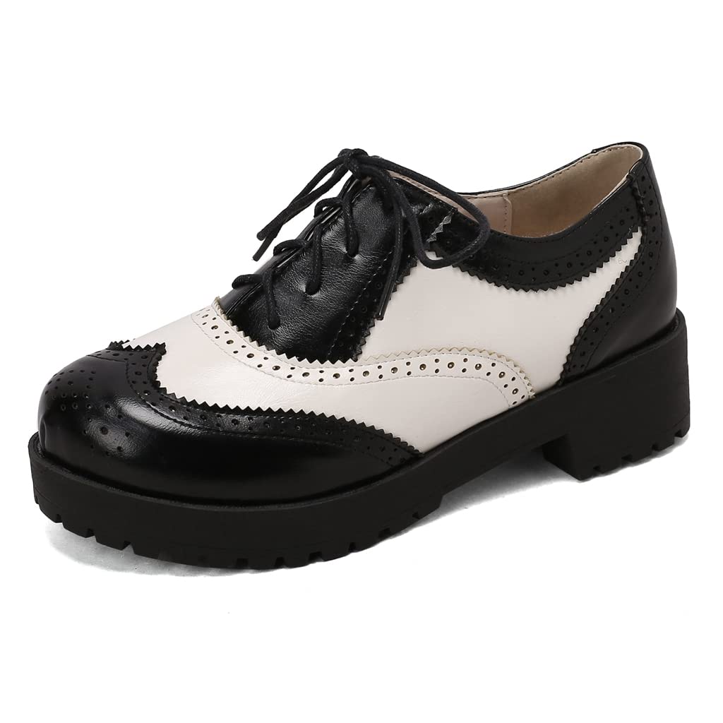 Women's Two Tone Flat Oxfords Shoes Lace Up Wingtip Perforated Low Heel Vintage Saddle Oxford Brogues