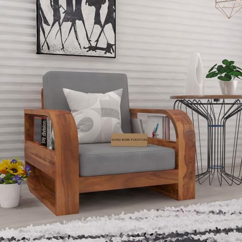 Image of Wooden 1 Seater Sofa Set for Living Room | One Seater Sofa for Office & Lounge | Sheesham Wood (1 Seater,Honey Finish)