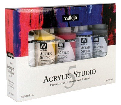 VALLEJO ACRYLIC STUDIO 5x200ML (Blanco de Titanio, Amarillo Cadmio Oscuro, Magenta, Azul Cyan, Negro Óxido de Hierro)