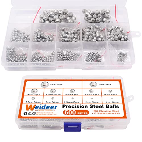 Image of weideer 600pcs 12 Size Stainless Steel Precision Steel Balls 1-8mm Metric Bicycle Bearing Balls Assortment Kit Mixing Balls 1mm 2mm 2.5mm 3mm 3.5mm 4mm 4.5mm 5mm 5.5mm 6mm 7mm 8mm K-085-600