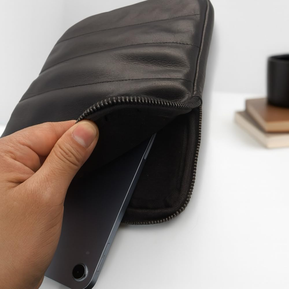 Genuine Leather – The Original Puffy Tablet Sleeve 9–11 Inch Case, Leather Air Pouch for Women & Men, Fits 9th/10th Gen, Pro 11", Air 10.9" + Magic Keyboard (Charcoal Black)