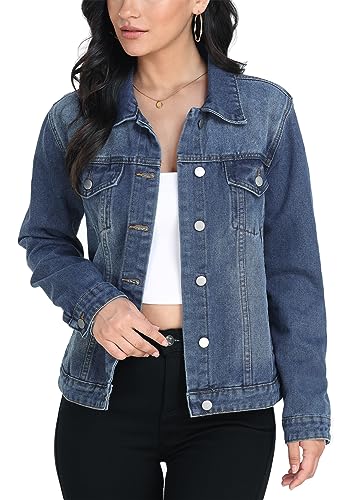 MISS MOLY Women's Denim Jacket Button Up Long Sleeve Basic Trendy Jean Jacket Coat with Pockets Blue XL