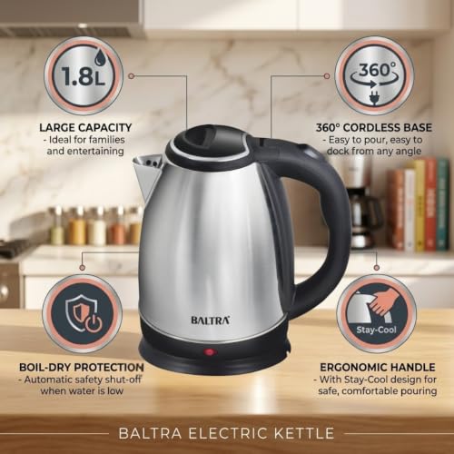 Image of BALTRA Electric Kettle 1.8 L Supreme | 1350 Watt Stainless Steel Body with Auto Shut Off Feature Used for Boiling | Hot Water Kettle 360 Power Base Cool Touch Handle Ketley I 2 Year Warranty